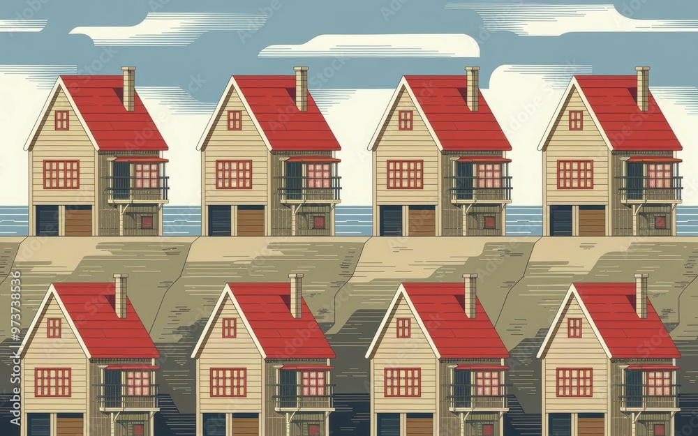 Coastal houses row. A row of six identical seaside houses stand on a cliff overlooking the ocean, symbolizing conformity and uniformity. Coastal houses row. A row of six identical seaside houses stand on a cliff overlooking the ocean, symbolizing conformity and uniformity.