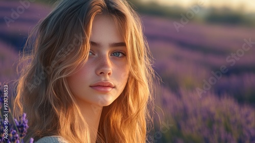 A portrait of a beautiful girl with fair skin, her face glowing in the soft, warm light of sunset, against a backdrop of lavender fields