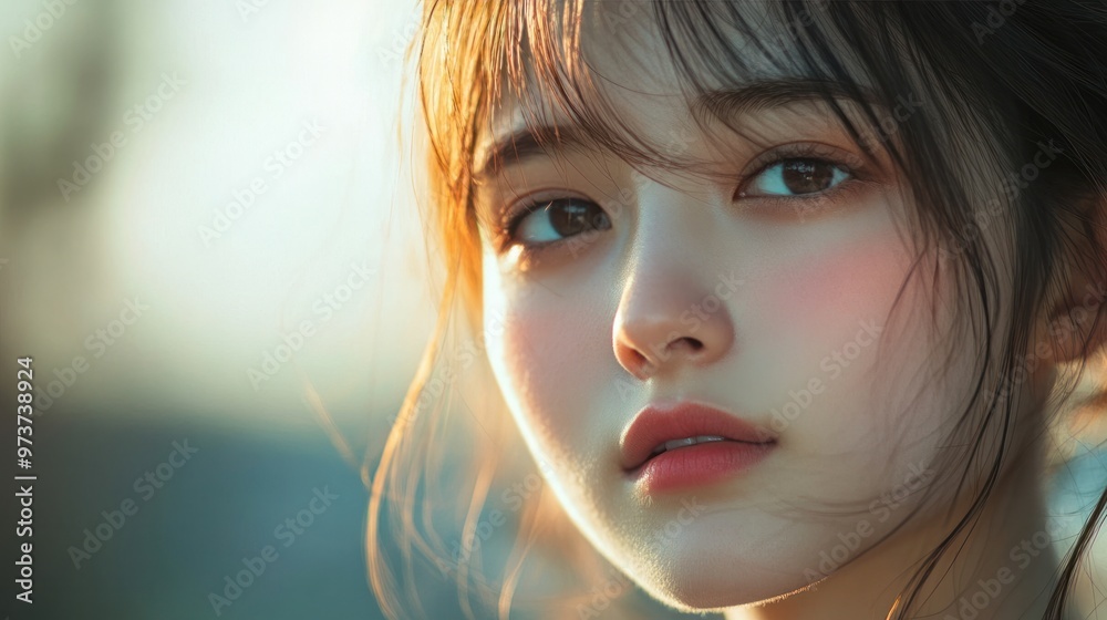 A portrait of a fair-skinned Japanese girl with natural makeup, her skin glowing under the soft morning sunlight A portrait of a fair-skinned Japanese girl with natural makeup, her skin glowing under the soft morning sunlight