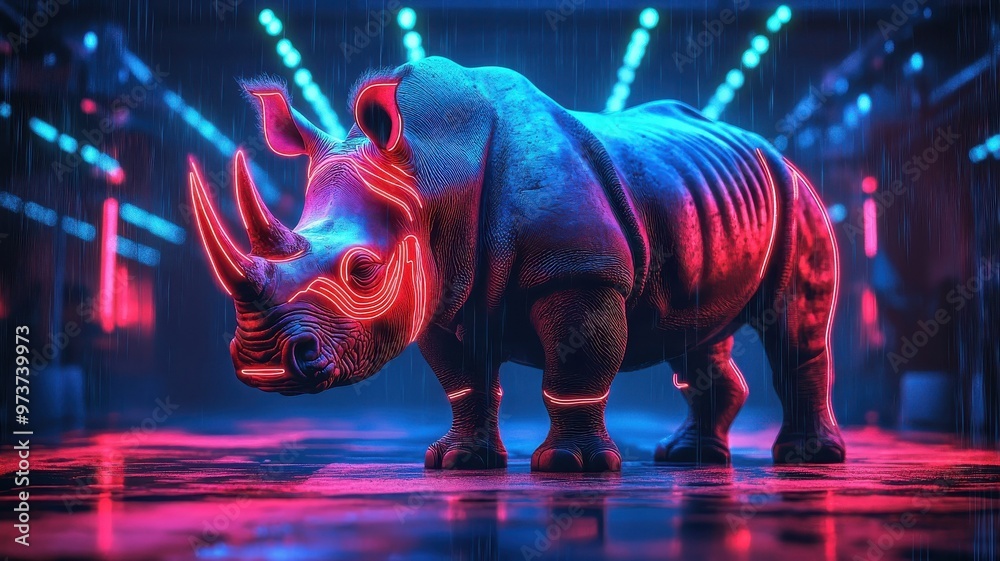 Fototapeta premium Synthwave rhinoceros, glowing neon lights, retro-futuristic background.