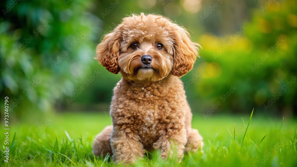 Adorable brown Bichon Frise dog with curly coat and big brown eyes sits on a green grass lawn, Adorable brown Bichon Frise dog with curly coat and big brown eyes sits on a green grass lawn,