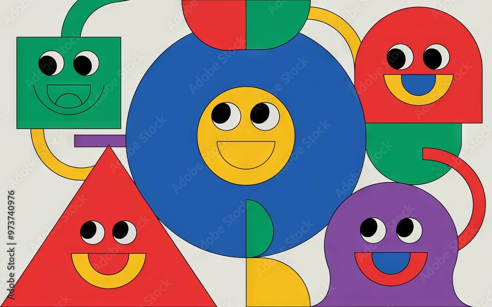 Fototapeta premium Happy geometric faces. Colorful geometric shapes with smiling faces, representing unity and joy.