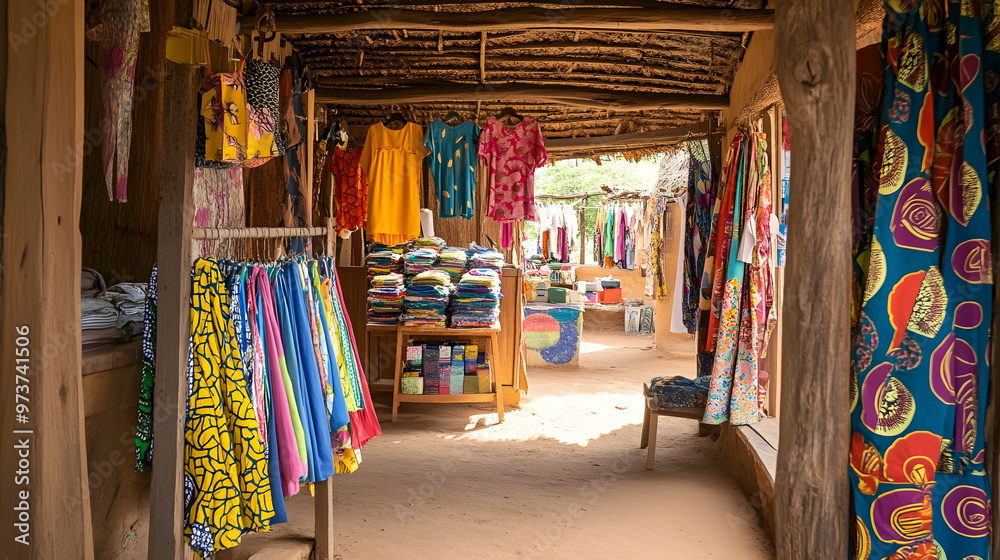 Obraz premium A small clothing store in an African village, with bright fabrics and patterns hanging from racks, local artisans tailoring dresses in the back