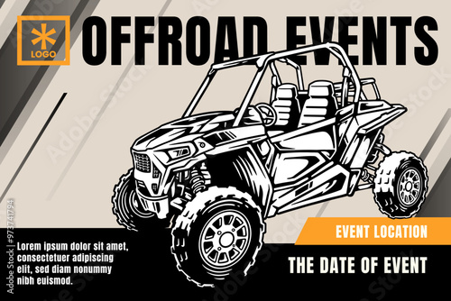 4x4 suv car, off road quad racing event competition with grey orange background poster banner modern design template for extreme sport and adventure