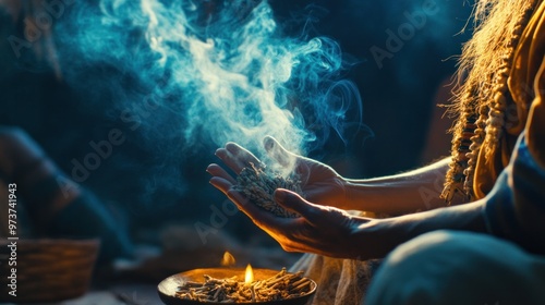 A spiritual healer performing a sage smudging ceremony to cleanse the aura of a participant, smoke swirling in the air photo