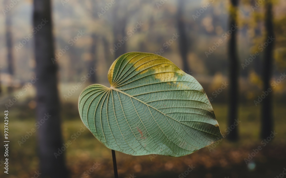 Heart leaf in forest. Green heart-shaped leaf with veins in a blurry forest background. It symbolizes love and nature. Heart leaf in forest. Green heart-shaped leaf with veins in a blurry forest background. It symbolizes love and nature.