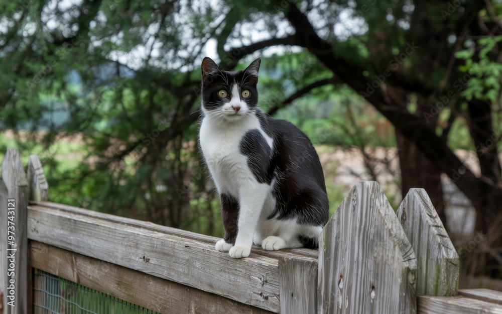 Black and white cat fence. Black and white cat perched on a wooden fence, looking curiously at the camera. Black and white cat fence. Black and white cat perched on a wooden fence, looking curiously at the camera.