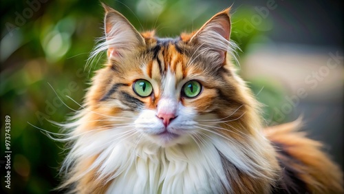 Adorable calico cat with luxuriant, flowing long hair and vibrant coloring poses sweetly, showcasing its beautiful photo