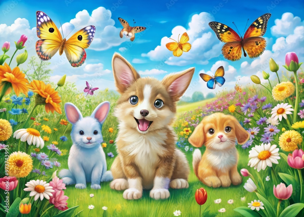 Naklejka premium Adorable cartoon animals, including a smiling rabbit, playful kitten, and happy puppy, gather together in a colorful