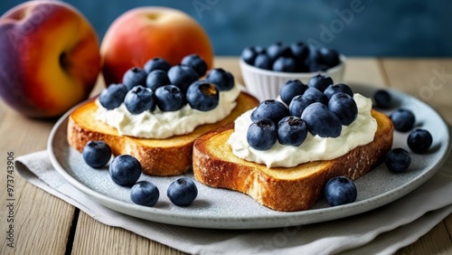  Deliciously fresh blueberries atop a creamy toast perfect for a summer snack