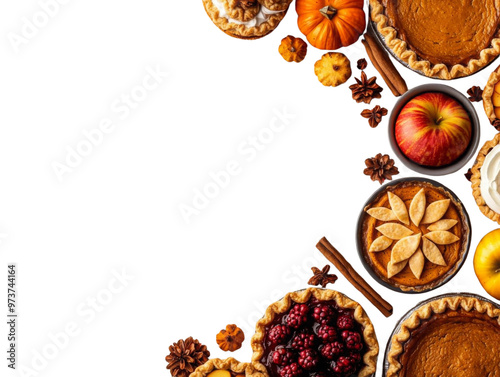 A festive arrangement of autumn desserts featuring pumpkin pie, apple pie, and various seasonal fruits and spices. photo