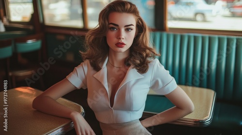 A young woman in a sexy vintage outfit, wearing a fitted pencil skirt and blouse, posing confidently in a 1950s-inspired diner photo