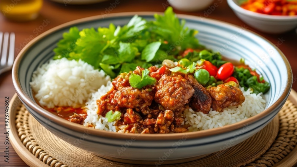 Delicious Asian cuisine served on a wooden plate Delicious Asian cuisine served on a wooden plate