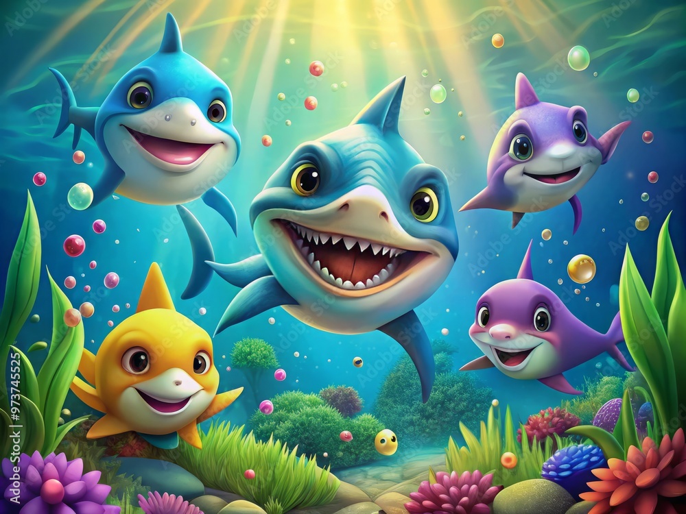 Fototapeta premium Adorable cartoon sharks with big smiley faces, colorful fins, and endearing expressions swim together in a vibrant
