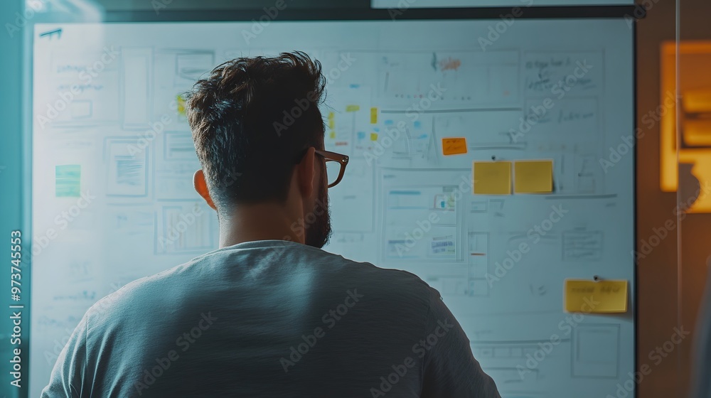 Man with Glasses Examining a Whiteboard Covered in Notes and Sticky Notes Man with Glasses Examining a Whiteboard Covered in Notes and Sticky Notes