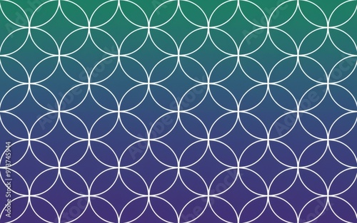 Geometric circle pattern. Abstract background with white circles on a gradient blue and green background. Modern design with a seamless repeat pattern.