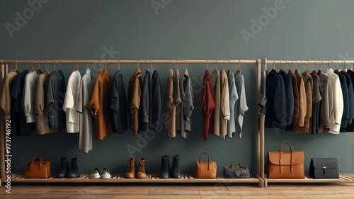 Wallpaper Mural  clothing rack, It shows various garments hanging, with shoes and purses below, against a muted green backdrop, clothing on hangers Torontodigital.ca