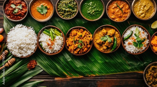 South Indian food feast on a banana leaf, showcasing a selection of authentic recipes like curries, chutneys