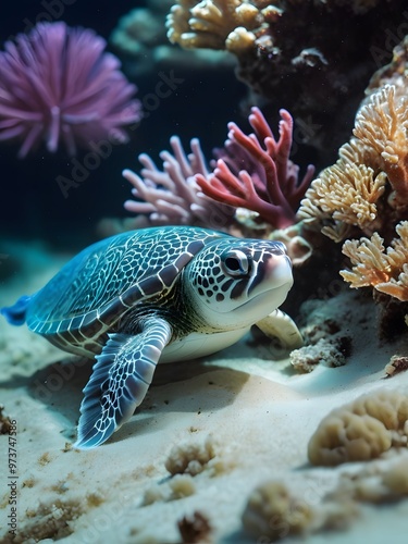 sea turtle swimming among vibrant coral reefs in a clear ocean during daylight hours. Generative AI