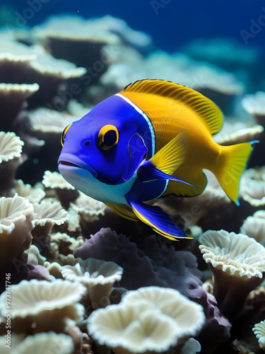 Colorful fish swimming among vibrant coral reefs in a clear ocean during daylight hours. Generative AI