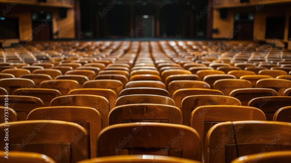 Fototapeta premium Symmetrical view of empty wooden theater seats, vintage and cultural environment concept.