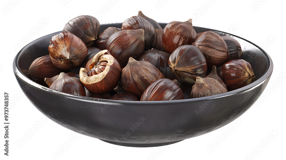 A bowl of roasted chestnuts with a transparent background. A bowl of roasted chestnuts with a transparent background.