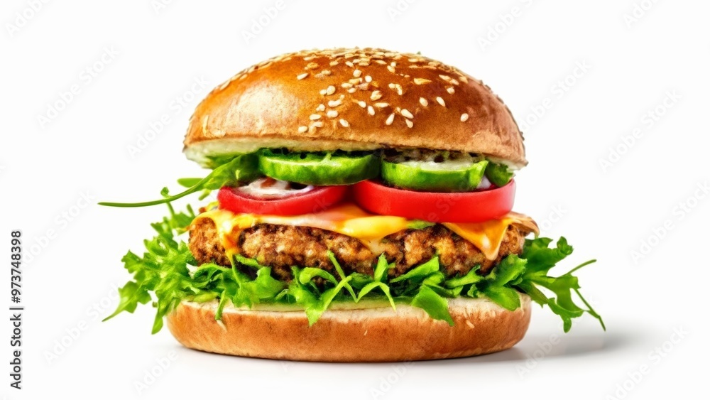 Deliciously stacked burger with fresh toppings Deliciously stacked burger with fresh toppings