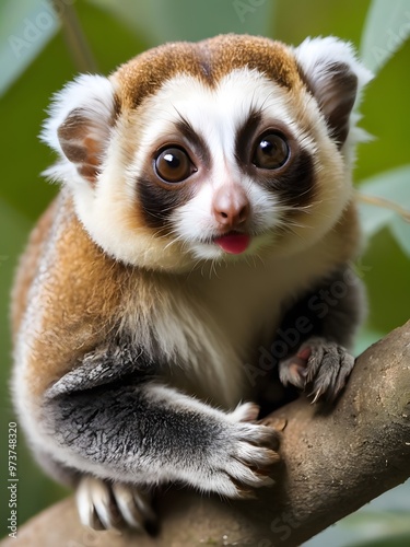 Cute slow loris perched on a branch amidst lush green leaves during a sunny day in the rainforest. Generative AI