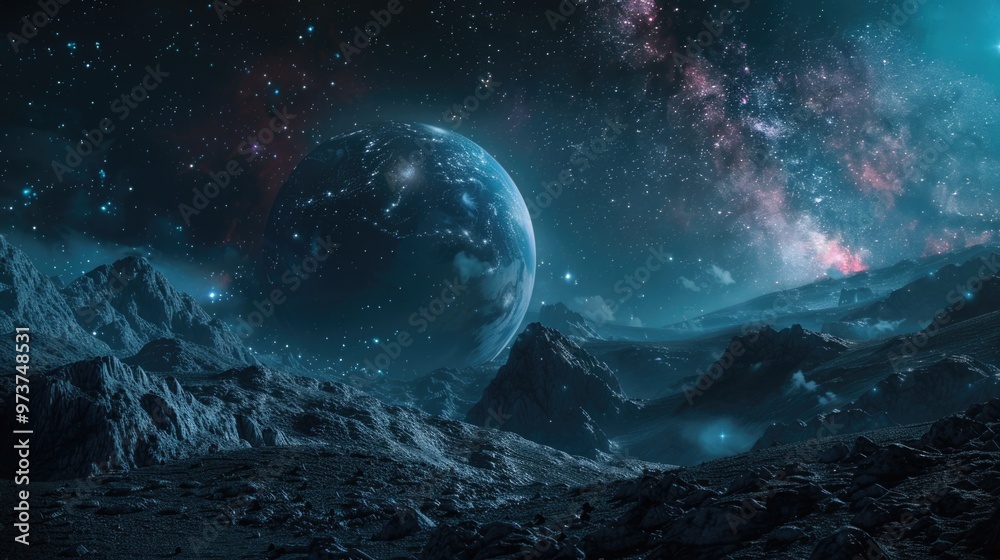 Captivating alien planet artwork ideal for graphic design and branding projects. Captivating alien planet artwork ideal for graphic design and branding projects.