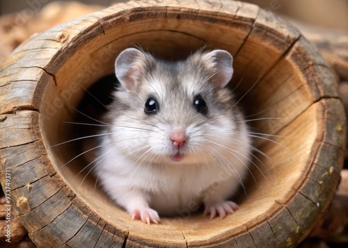 Adorable Djungarian hamster with fluffy grey and white fur, twitching whiskers, and curious expression peeks out from photo