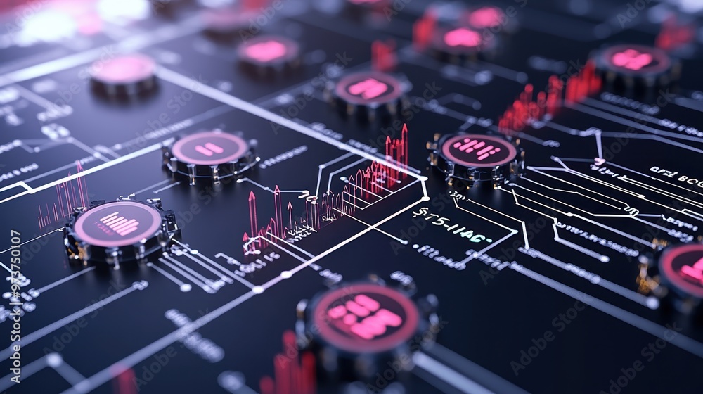 Circuit Board with Red LED Lights and Data Flowing Futuristic Technology Concept Circuit Board with Red LED Lights and Data Flowing Futuristic Technology Concept