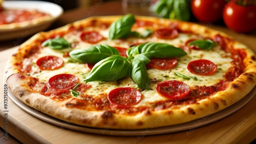 Deliciously baked pepperoni and basil pizza ready to serve Deliciously baked pepperoni and basil pizza ready to serve
