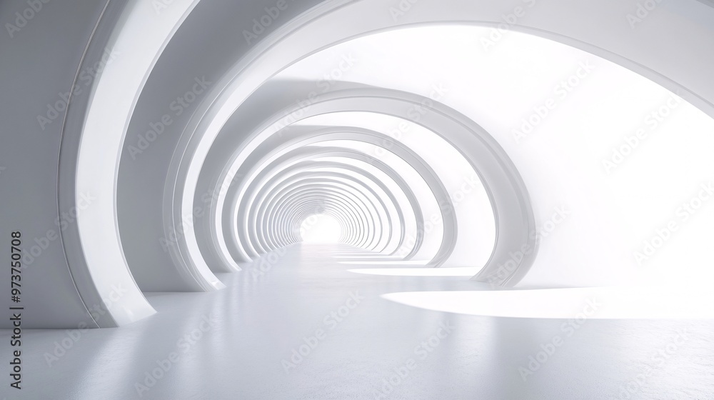 Naklejka premium 24. An empty white tunnel corridor in 3D, showcasing a curved frame geometric design, suitable as a background for trade show displays