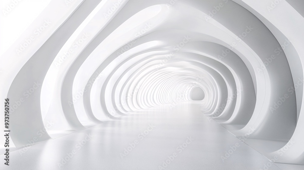 25. A futuristic 3D rendered white tunnel corridor, with an abstract interior of curved geometric frames, designed for trade show display backgrounds