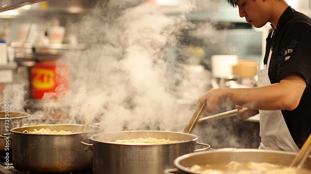 27. Steaming pots of broth and meticulously prepared noodles in a lively ramen restaurant kitchen, showcasing the chefs skill and commitment to authentic culinary traditions 27. Steaming pots of broth and meticulously prepared noodles in a lively ramen restaurant kitchen, showcasing the chefs skill and commitment to authentic culinary traditions