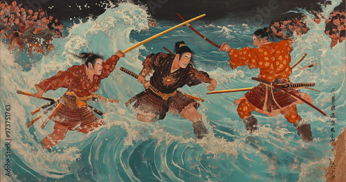 Japanese woodblock print of a samurai fighting