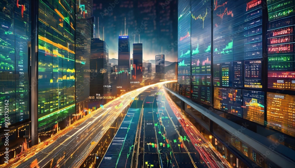 A view of a vibrant city skyline at night, with glowing skyscrapers, neon reflections, and bustling streets. The illuminated buildings and streetlights create an electric urban atmosphere A view of a vibrant city skyline at night, with glowing skyscrapers, neon reflections, and bustling streets. The illuminated buildings and streetlights create an electric urban atmosphere