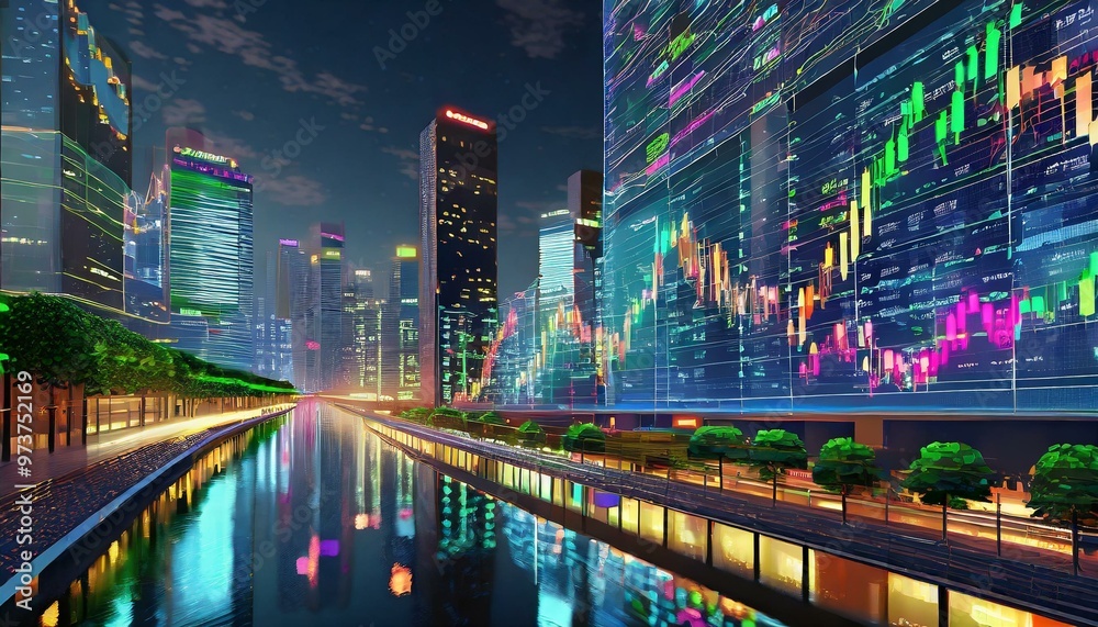 A view of a vibrant city skyline at night, with glowing skyscrapers, neon reflections, and bustling streets. The illuminated buildings and streetlights create an electric urban atmosphere A view of a vibrant city skyline at night, with glowing skyscrapers, neon reflections, and bustling streets. The illuminated buildings and streetlights create an electric urban atmosphere