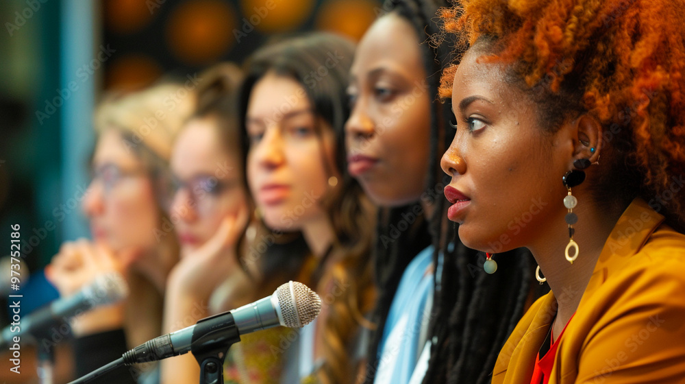 Women on a panel discussion at a conference. Women on a panel discussion at a conference.