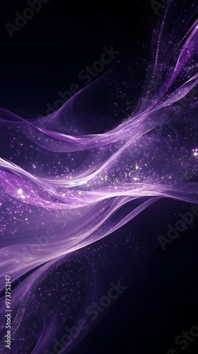 Fractal illustration waves of purple and violet light on black background, abstract wallpaper design