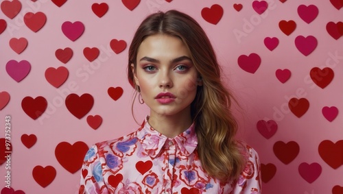 A woman is standing in front of a wall of heart-shaped cutouts