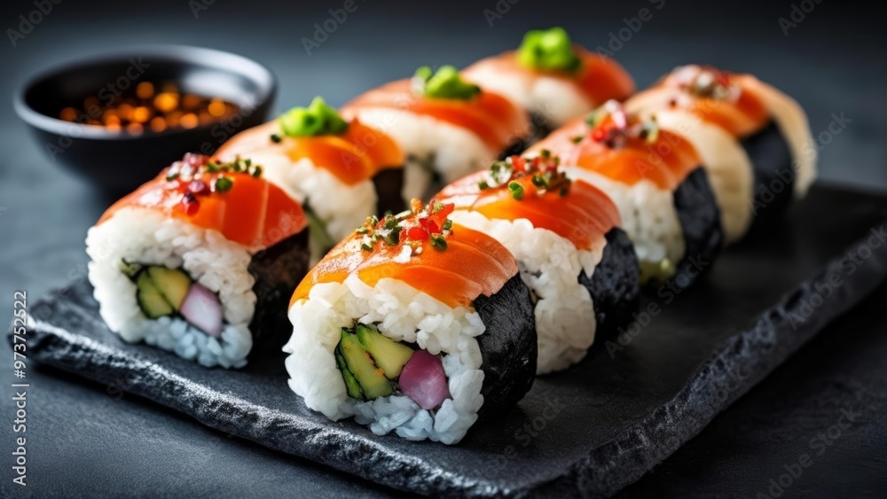 Deliciously crafted sushi rolls ready to be savored Deliciously crafted sushi rolls ready to be savored