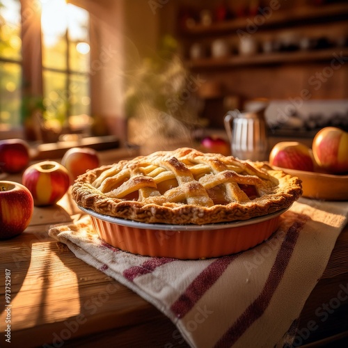 In a rustic kitchen aglow with evening light, a warm apple pie rests on a wooden counter, filling the space with sweet, comforting aromas. The cozy setting evokes a homestyle autumn ambiance.