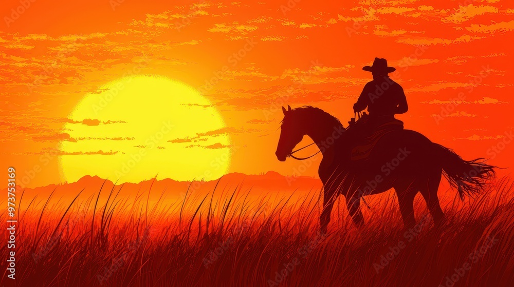 Silhouette of Cowboy Riding Horse at Sunset Silhouette of Cowboy Riding Horse at Sunset