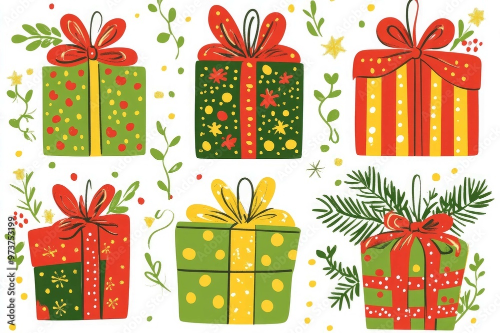 A collection of christmas presents including a vector illustration of a christmas gift box. A collection of christmas presents including a vector illustration of a christmas gift box.