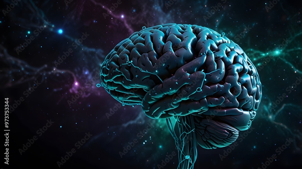 Fototapeta premium A detailed representation of a human brain illuminated against a cosmic background, showcasing neural connections and energy