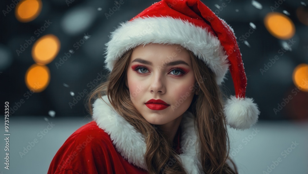 A woman in a red santa hat and a white coat A woman in a red santa hat and a white coat