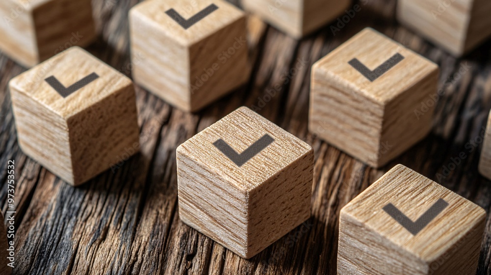 54. Wooden blocks arranged with check mark icons for job lists and tasks, reflecting the importance of surveys, assessments, and achieving business goals 54. Wooden blocks arranged with check mark icons for job lists and tasks, reflecting the importance of surveys, assessments, and achieving business goals