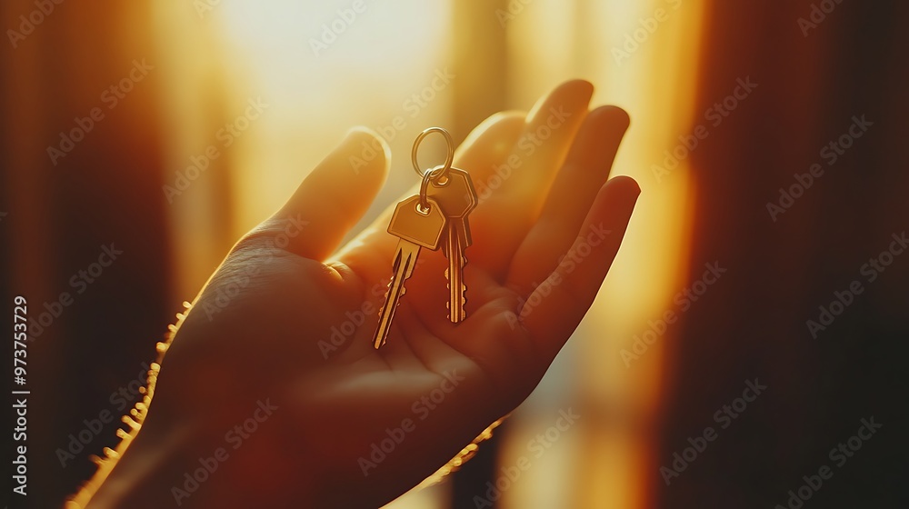 Keys of a new house in hands of the new buyer, warm sunlight in background Keys of a new house in hands of the new buyer, warm sunlight in background
