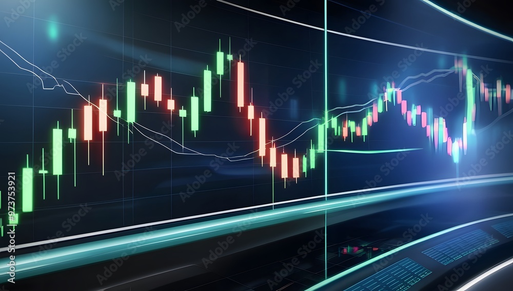 Naklejka premium Analyzing stock market trends on digital screen with candlestick graph in a modern trading environment